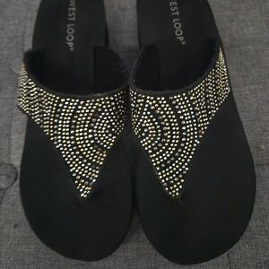 west loop Black Thong Sandals with Gold Crystal Accents
